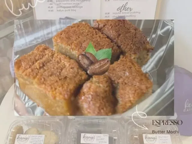 Assorted pastries and butter mochi in the bakery case